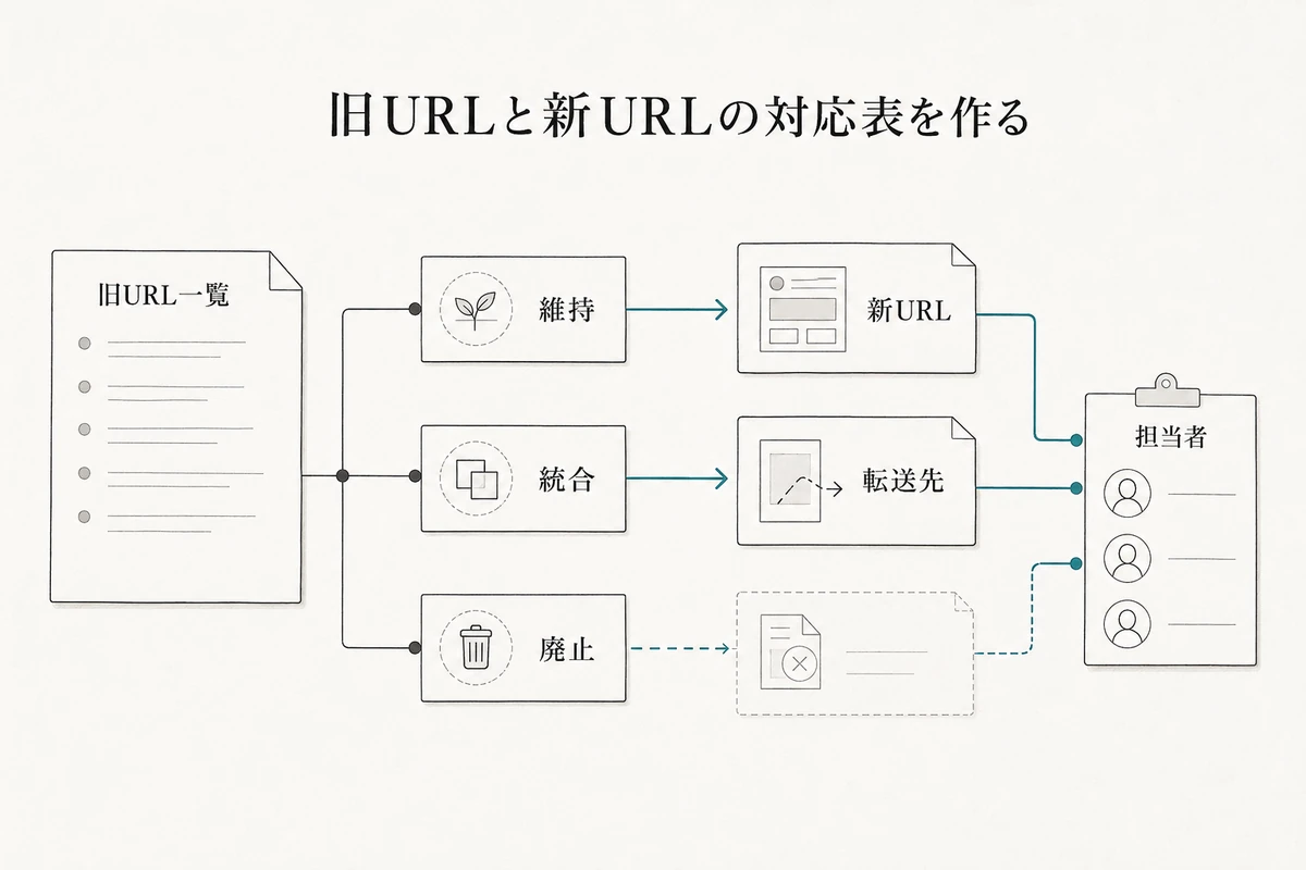 旧URL一覧から維持・統合・廃止を分岐し、新URL、転送先、担当者を確定する流れを整理した図
