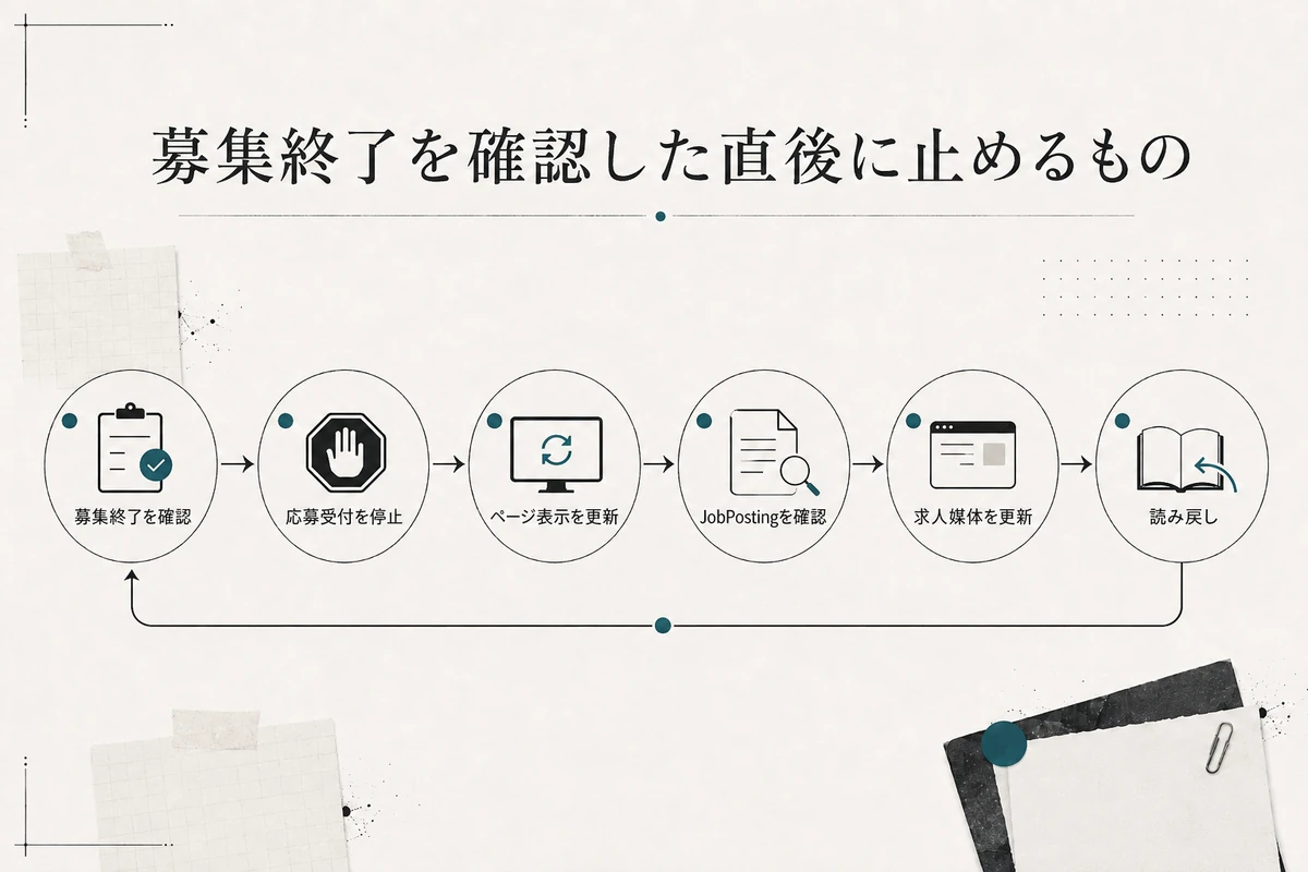 募集終了確認から応募受付停止、ページ表示、JobPosting、求人媒体、読み戻しへ進む流れを整理した図