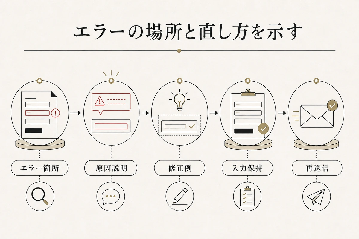 エラー発見から修正完了までに必要な情報を順番に示すを整理した図