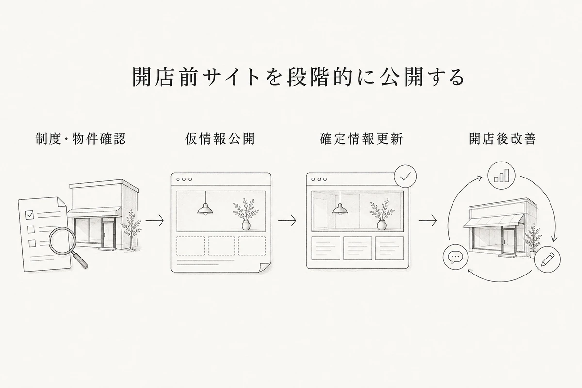 制度・物件の確認、仮情報の公開、確定情報の更新、開店後の改善を左から右へ結ぶ手順図を整理した図