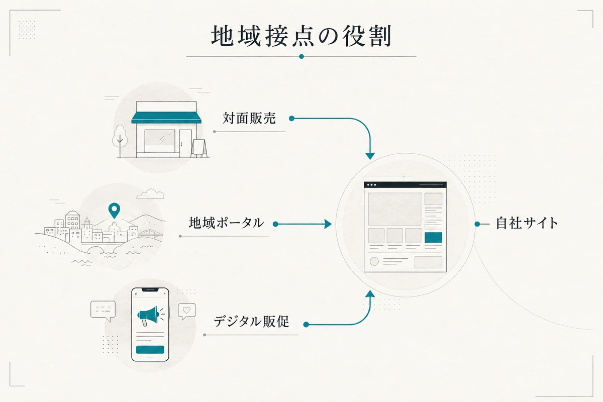 対面販売、地域ポータル、デジタル販促から自社サイトへ情報が集まる関係を整理した図