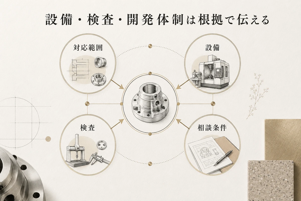 発注担当者が技術適合を判断するために、対応範囲、設備、検査、相談条件を根拠付きで結び付ける関係図を整理した図