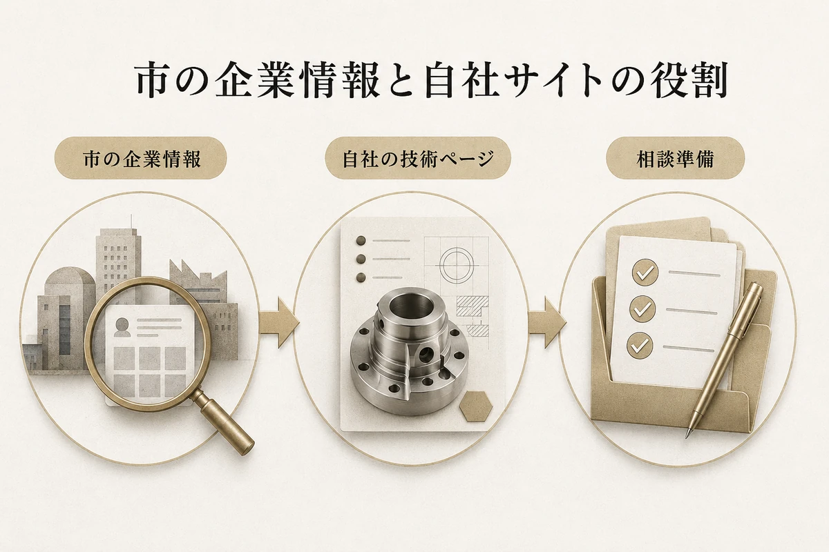 市の企業情報で会社を発見し、自社の技術ページで対応範囲と根拠を確認し、必要情報をそろえて問い合わせる三段階を整理した図