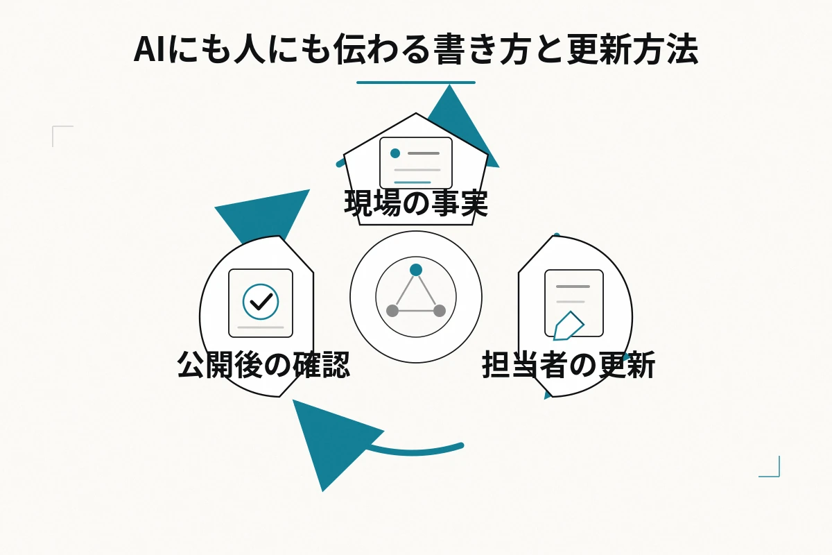 三つの工程を循環で結び、情報を載せて終わりにせず、変更時に更新する体制を表すを整理した図