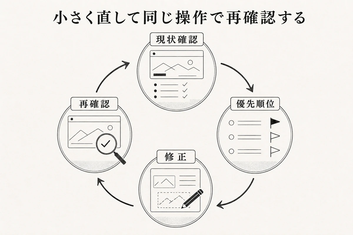 現状確認、優先順位、修正、再確認を循環させる手順図を整理した図