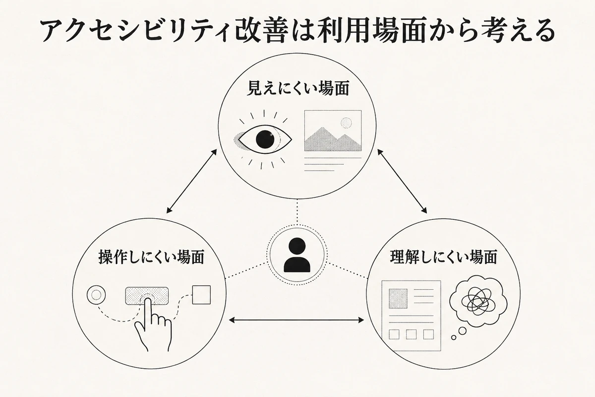見えにくい場面、操作しにくい場面、理解しにくい場面の関係図を整理した図