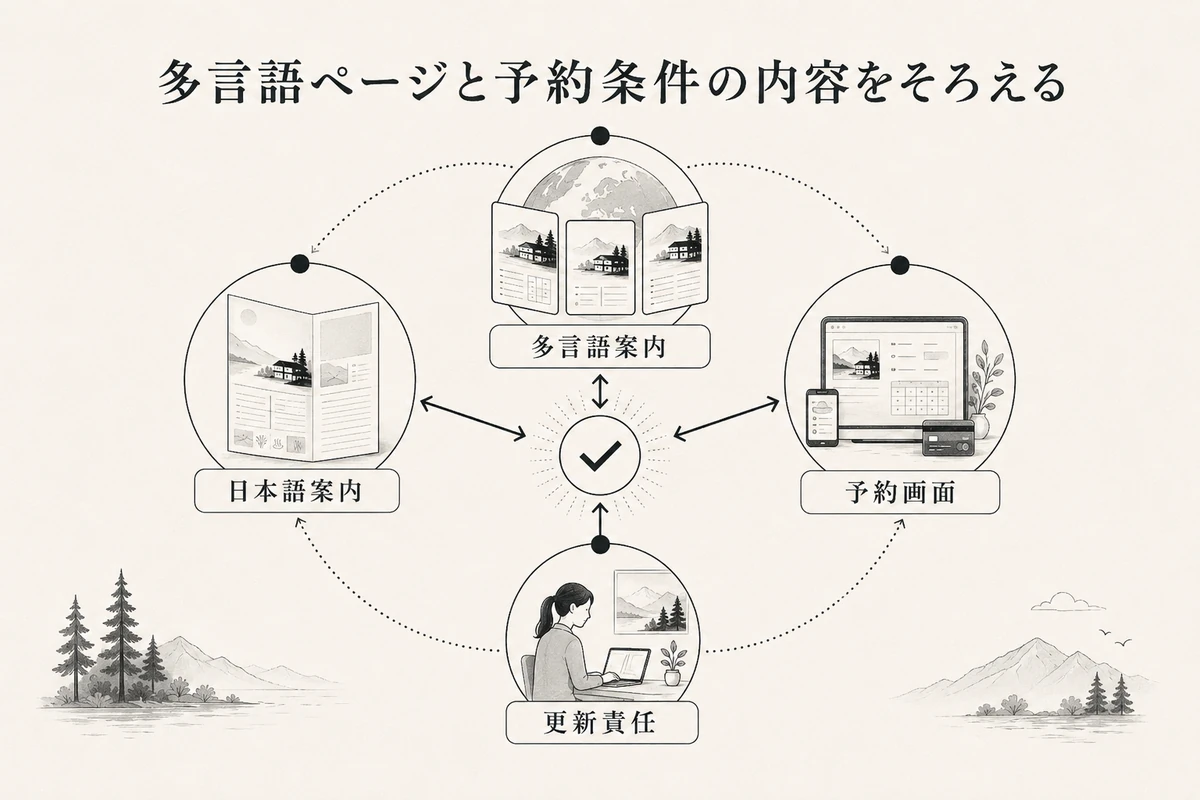 日本語案内、多言語案内、予約画面、更新責任を結ぶ整合確認図を整理した図