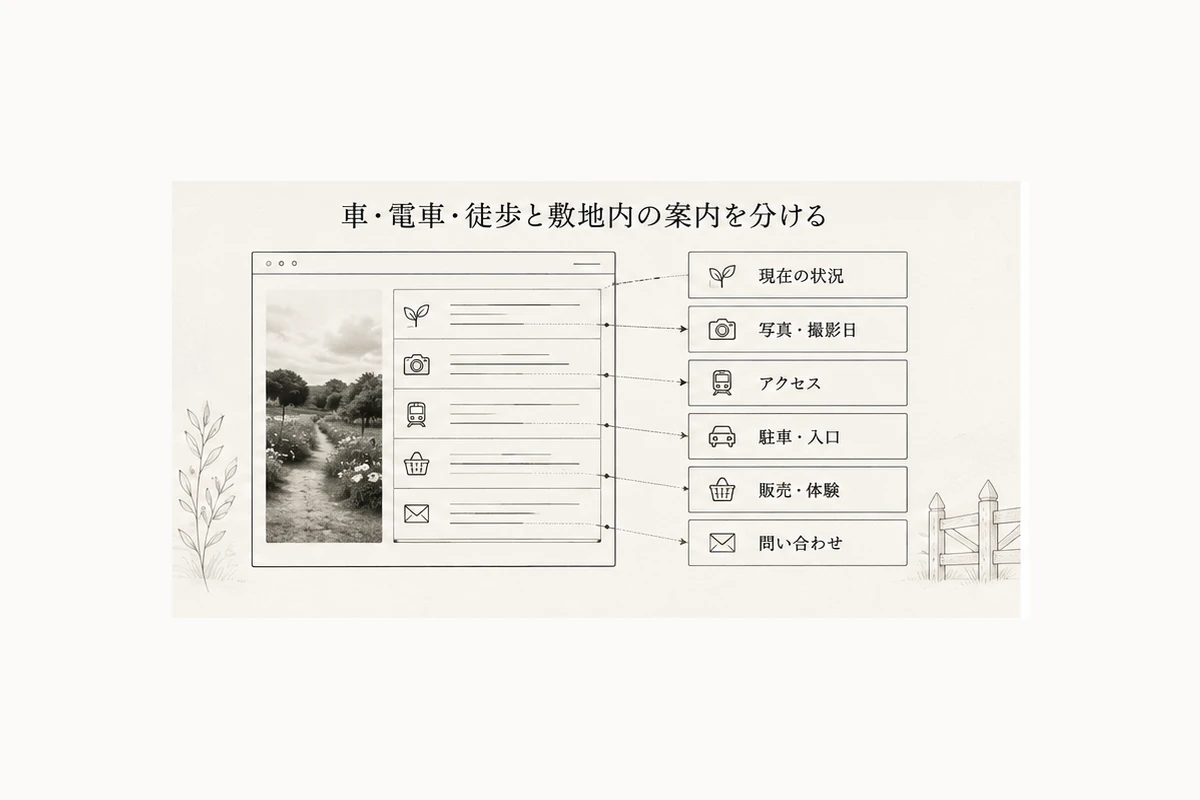 現在の状況、写真と撮影日、アクセス、駐車・入口、販売・体験、問い合わせを縦に配置したページ構成図を整理した図