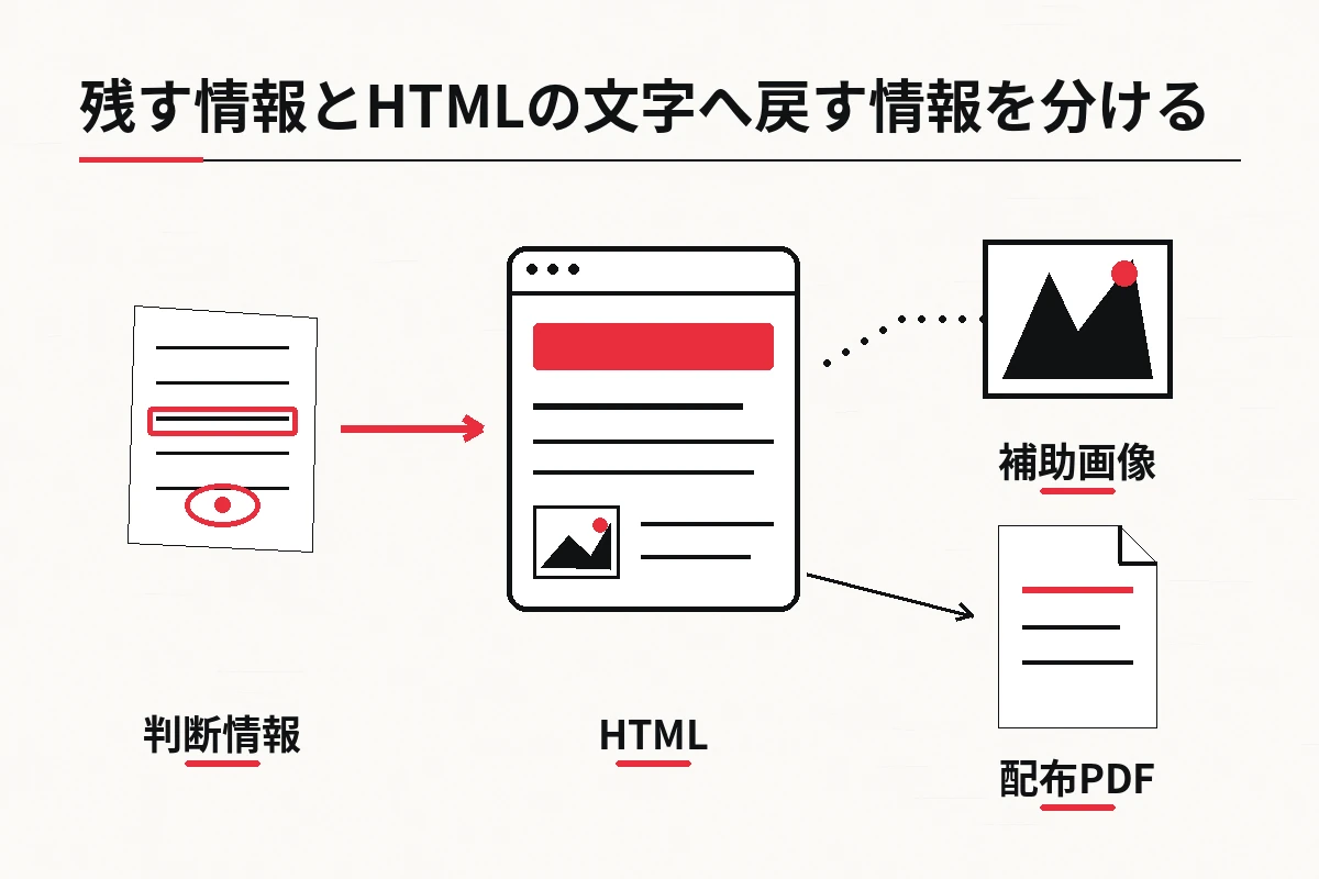 判断情報はHTML、雰囲気や補助は画像、持ち帰り資料はPDFという役割分担を整理した図