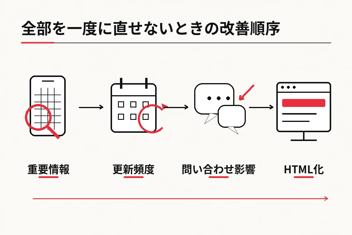 読めない重要情報、更新頻度、問い合わせ影響の順に確認し、優先度の高い箇所からHTML化する流れを整理した図