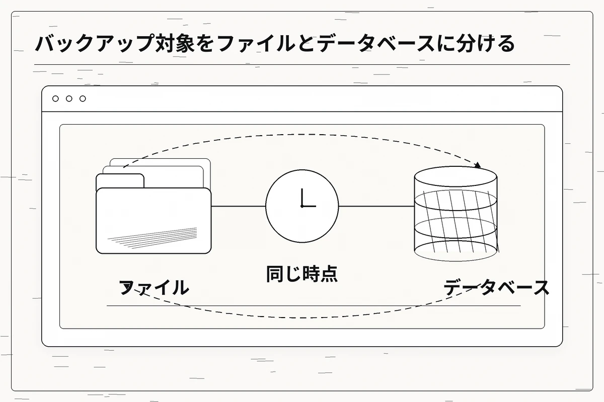 ファイルとデータベースを同じ時点のバックアップセットとして束ねる関係図を整理した図