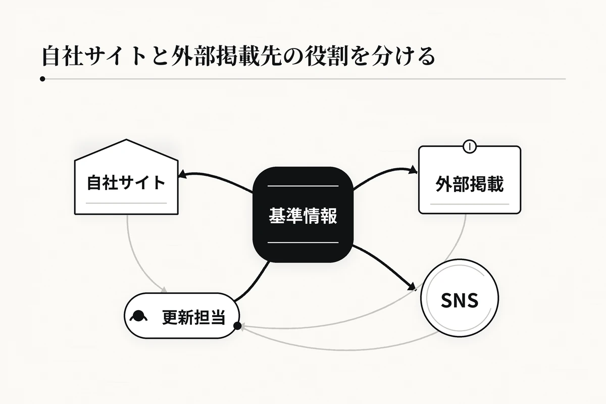 中央の基準情報から自社サイト、外部掲載、SNSへ分岐し、変更時は基準情報へ戻る関係図を整理した図