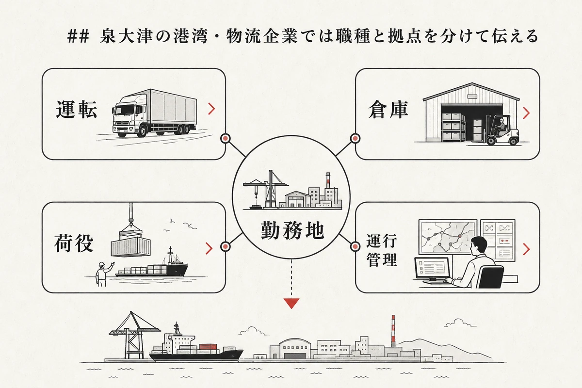 港湾・物流の仕事を職種と拠点で分ける関係図を整理した図