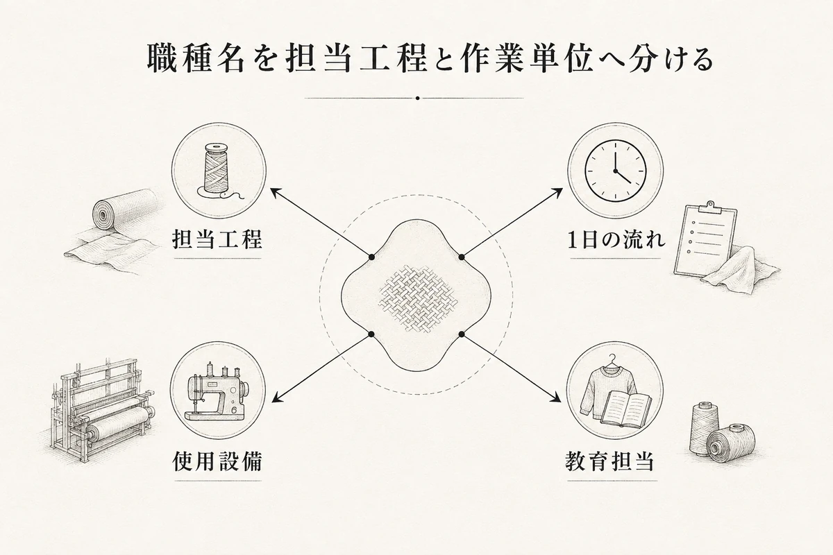 職種名から担当工程、1日の流れ、使用設備、教育担当へ分ける関係を整理した図