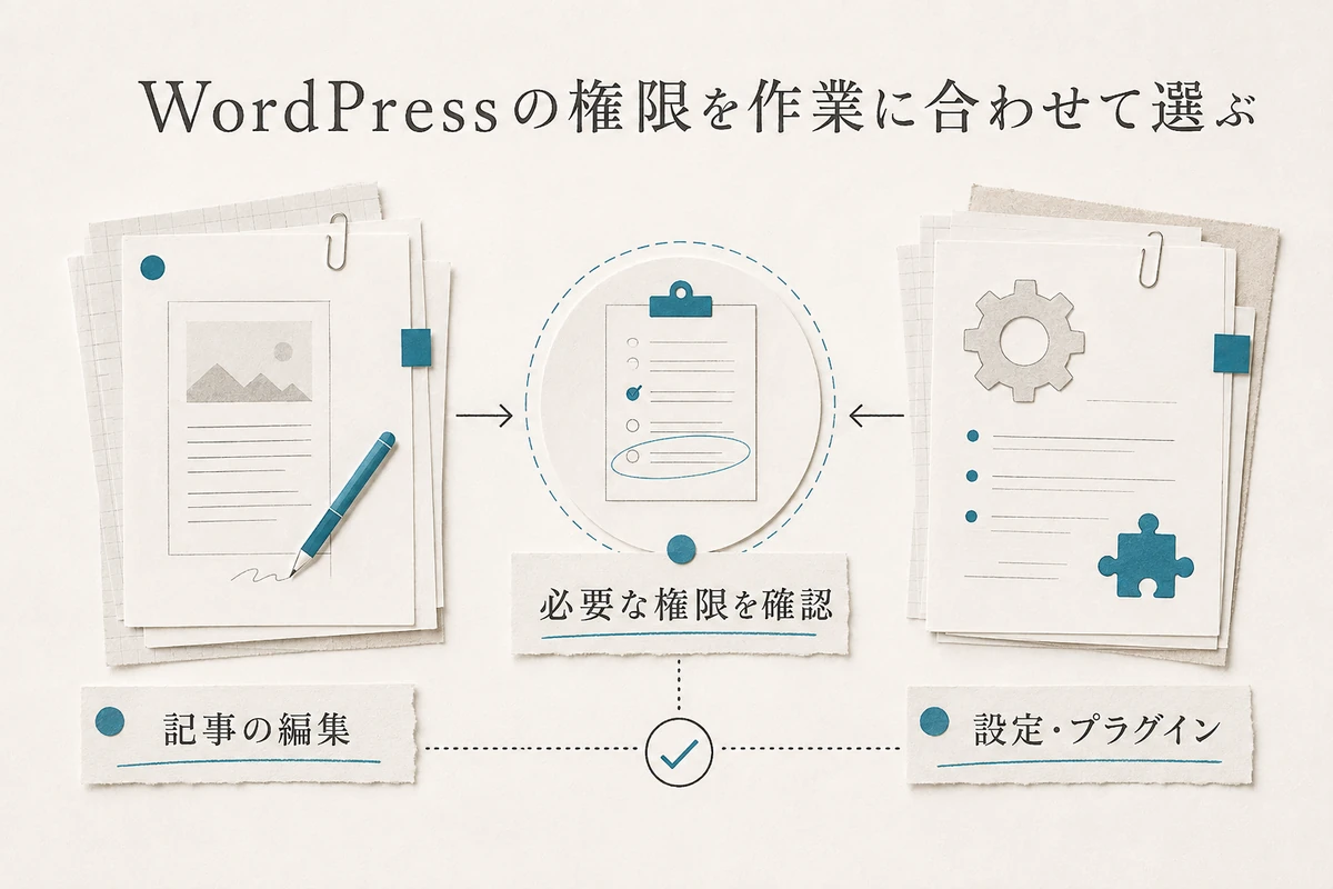 記事作業とサイト全体へ影響する作業を左右に分け、中央で必要権限を判断する構図にするを整理した図