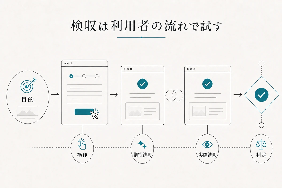 目的から操作、期待結果、実際結果、判定までを左から右へ結ぶ流れを整理した図