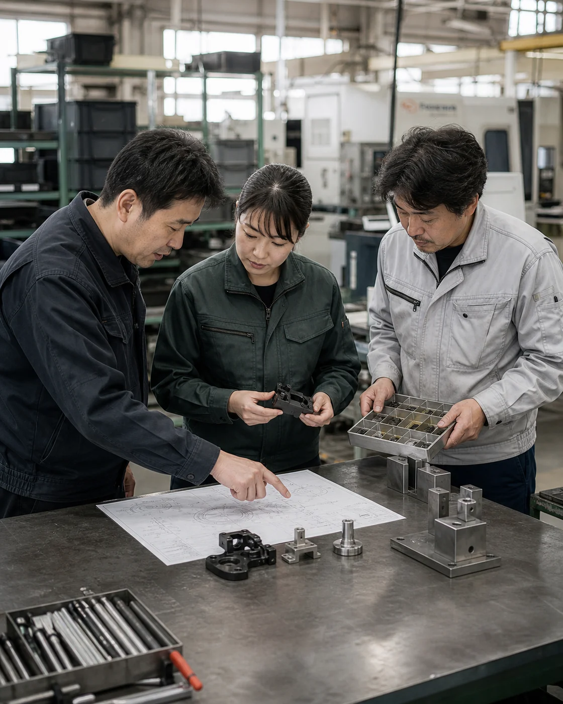 東大阪市の製造現場で異なる加工工程の部品を照合する技術者
