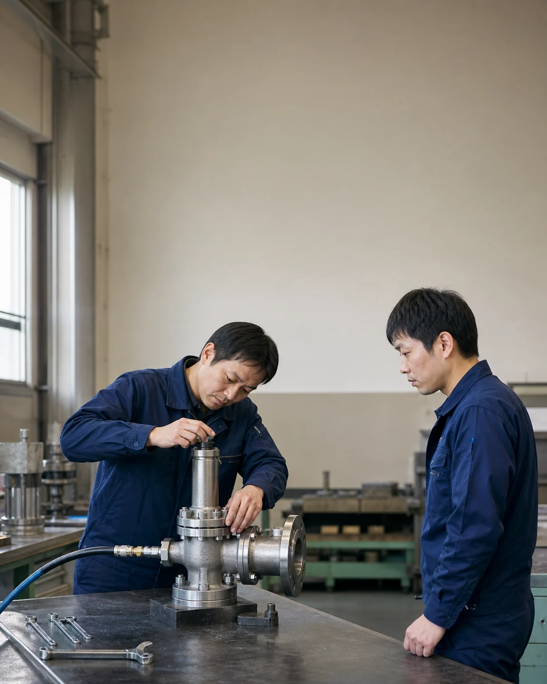 枚方市の製造会社で技術者が産業用バルブの組立と動作を確認する様子