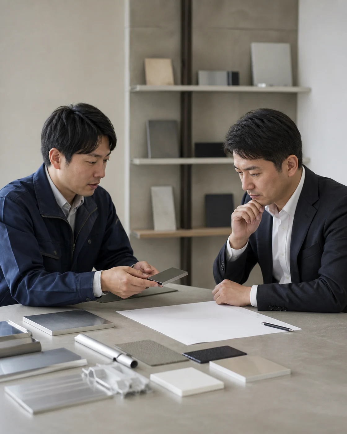 茨木市の企業で技術営業と発注担当者が製品サンプルの対応条件を確認する様子