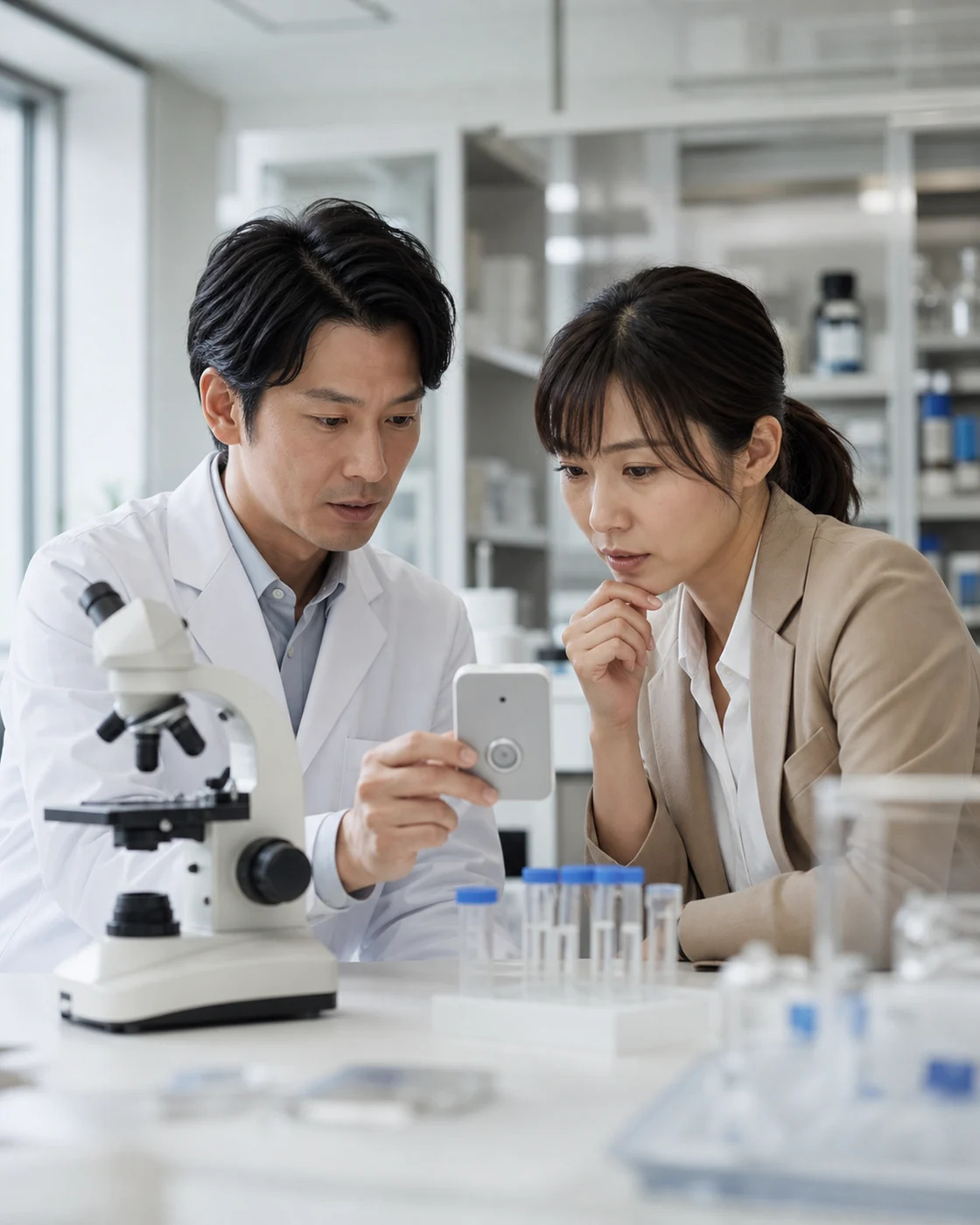 茨木市の研究開発拠点で研究者と事業担当者が検査デバイスの試作を確認する様子