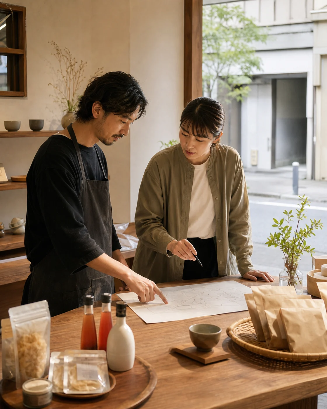 茨木市の店舗で店主と企画担当者が商品と来店までの案内を整える様子