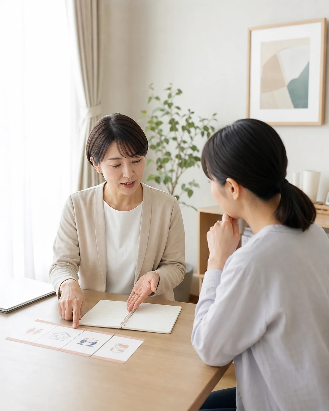 池田市の医療福祉サービスで相談員と家族が初回利用の流れを確認する様子