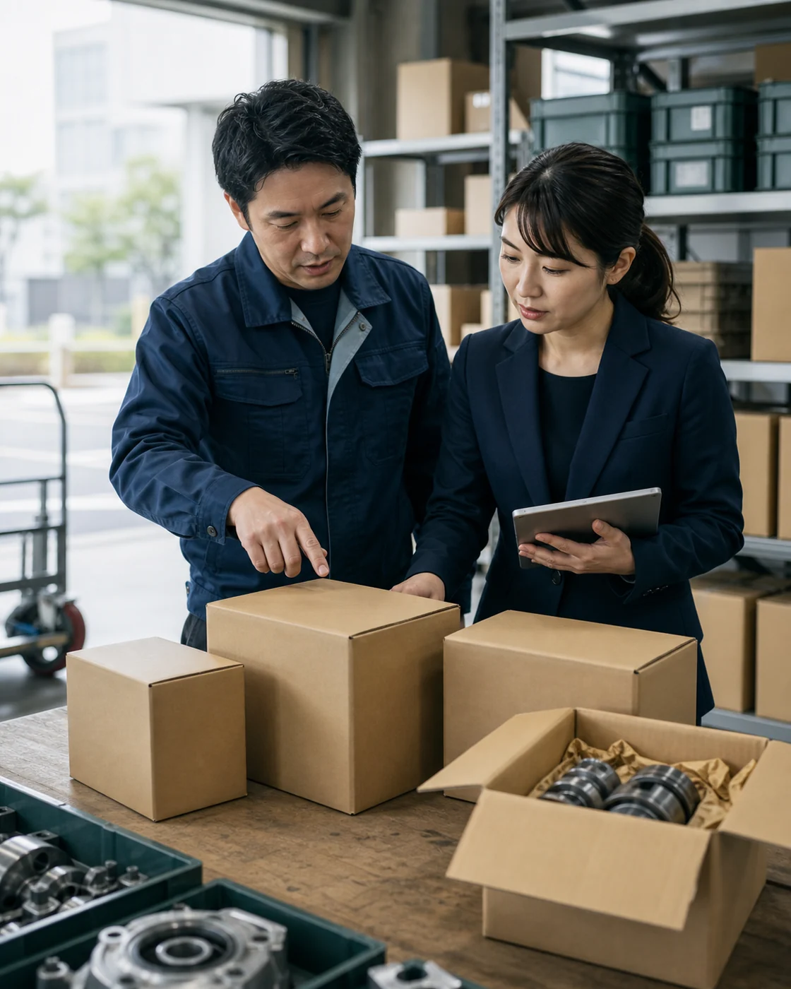 門真市の卸売会社が部品の在庫と出荷方法を確認する様子