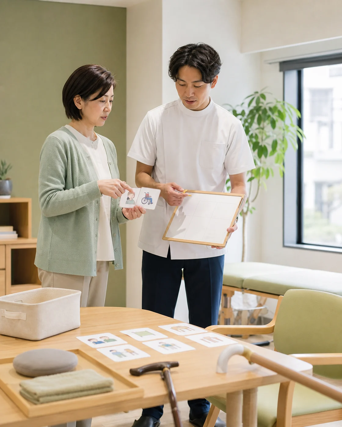 門真市の医療福祉事業所が利用相談の流れをスタッフ同士で確認する様子