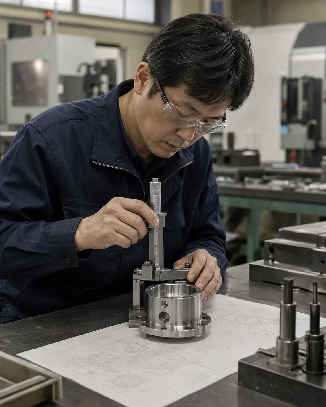 柏原市の製造現場で機械部品の寸法と仕上がりを確認する技術者