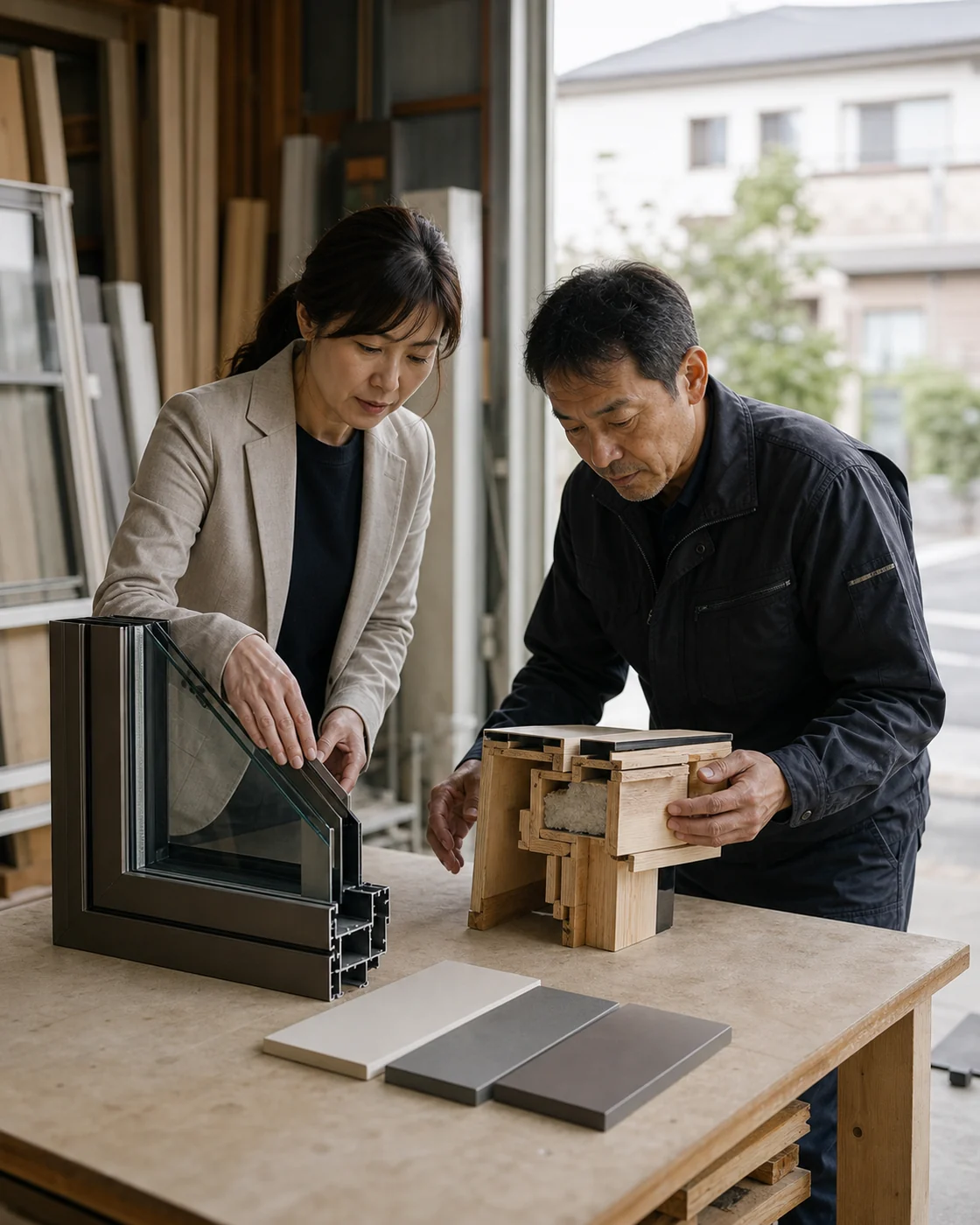 交野市の製造・建設事業者が部材と施工手順を確認する様子