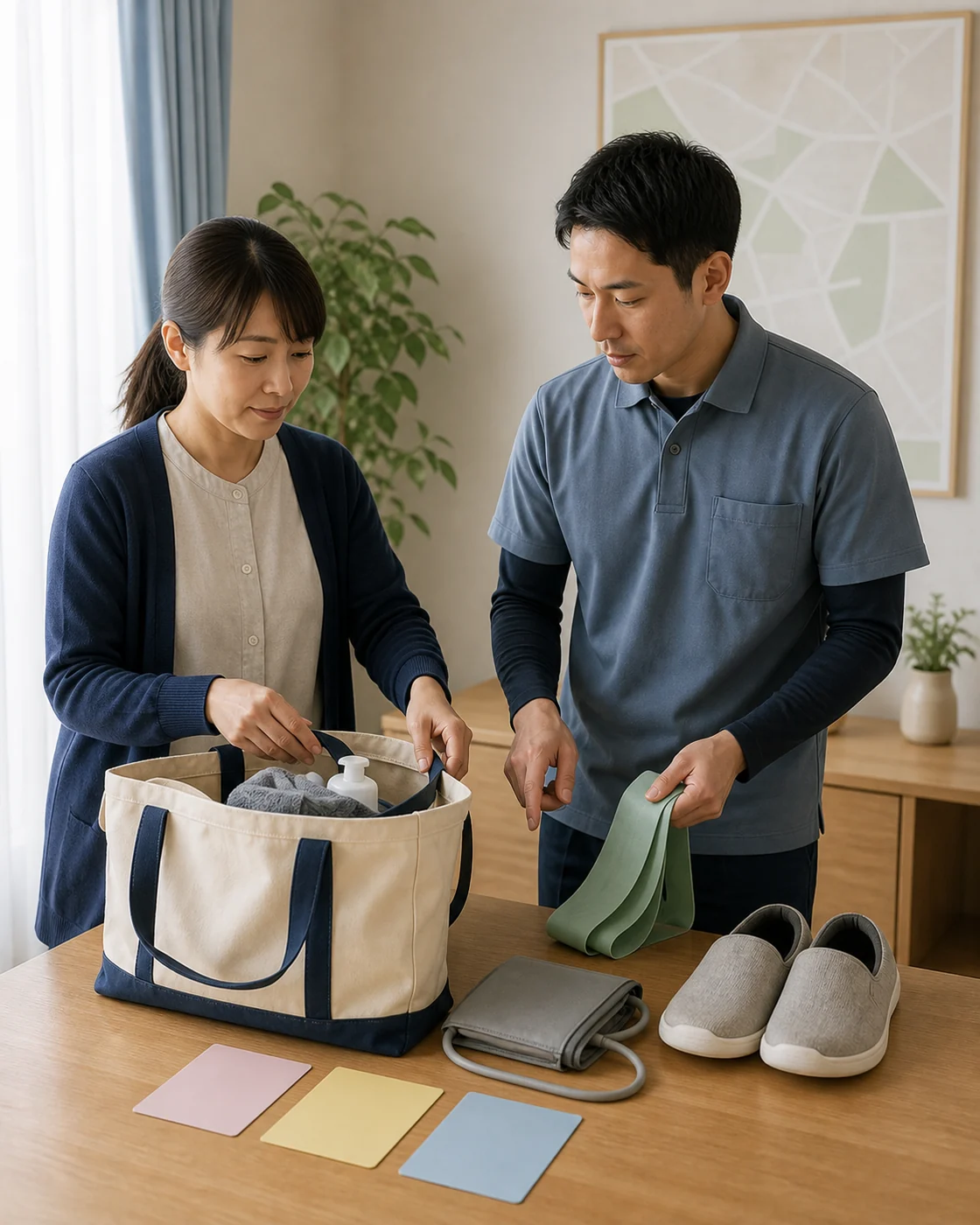 交野市の訪問支援スタッフが一日の支援内容と持ち物を準備する様子