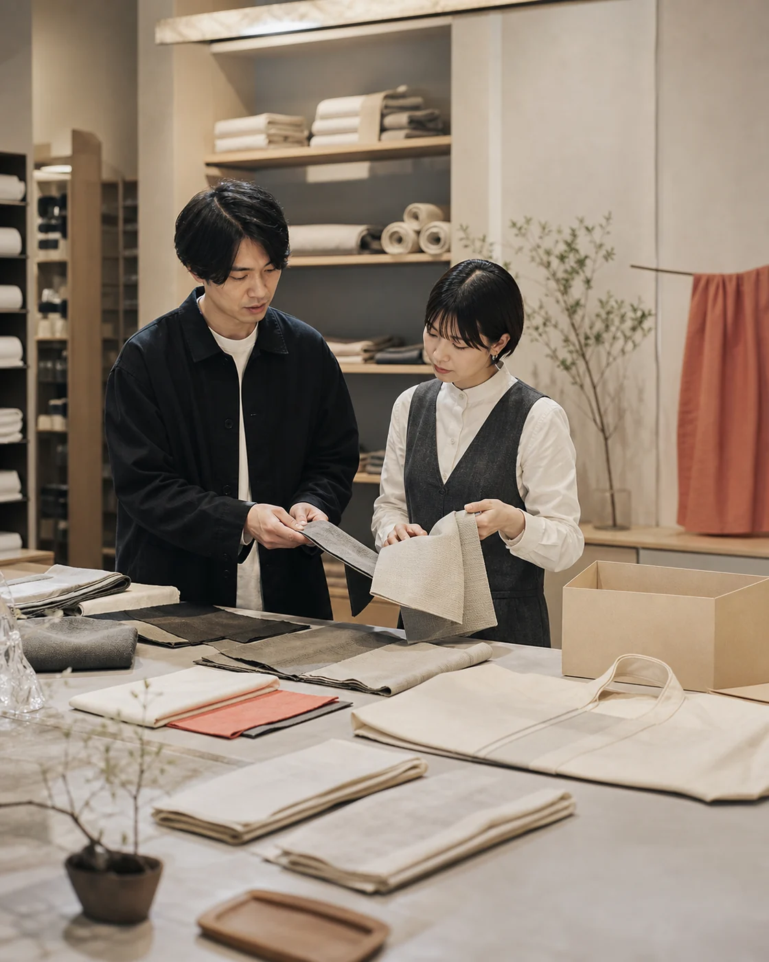 箕面市船場の商品事業で企画担当者とバイヤーが生地と受注条件を確認する様子