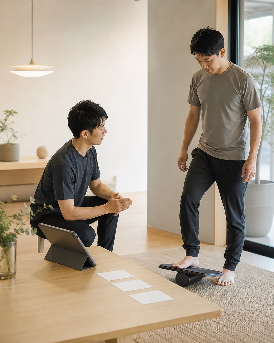 箕面市の健康支援サービスで専門スタッフと利用者が初回プログラムを確認する様子