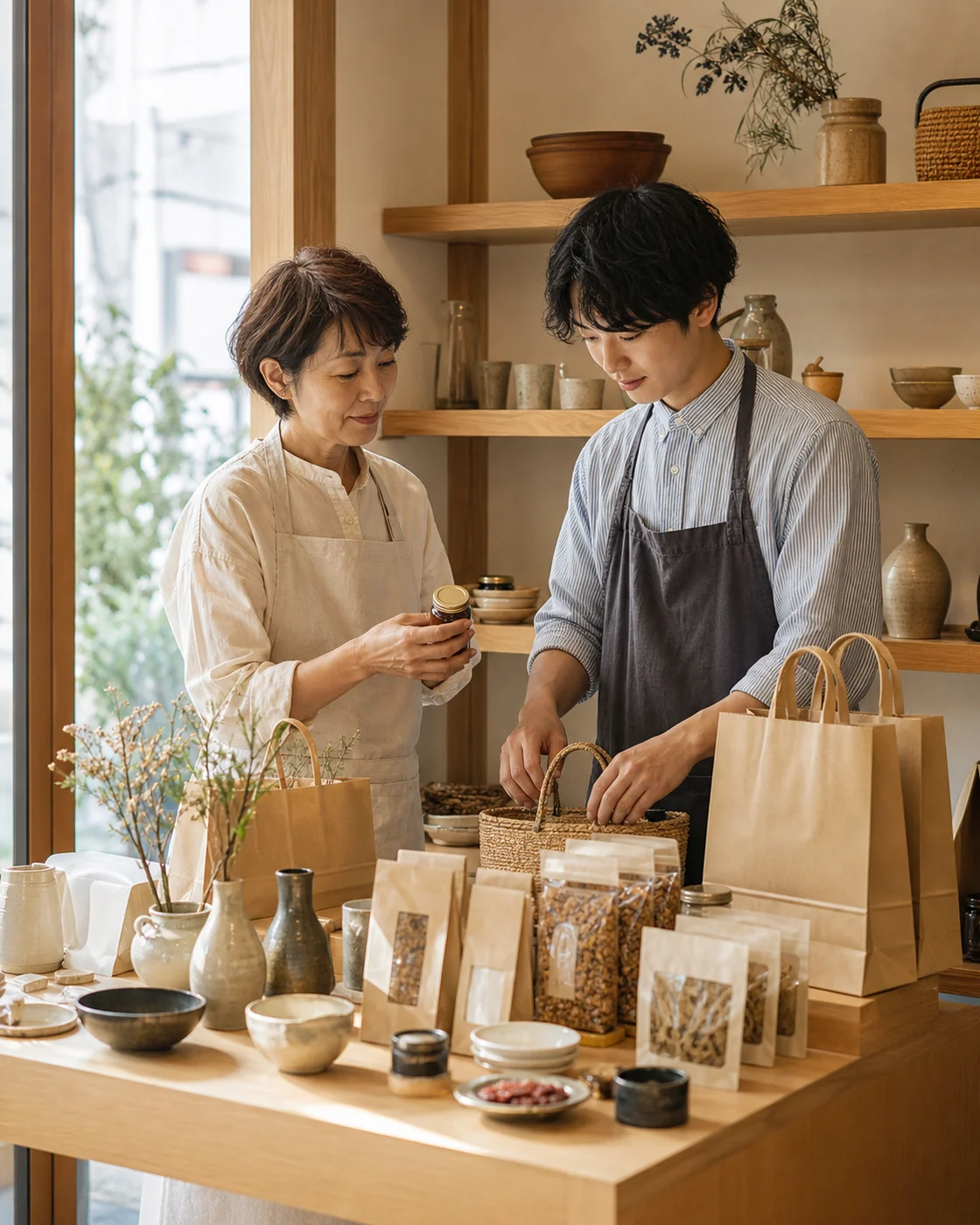 守口市の地域店で店主とスタッフが商品陳列と受け取り方法を整える様子