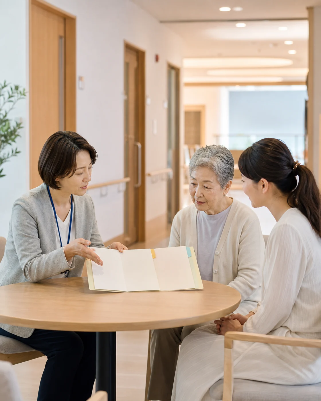 守口市の医療福祉施設で相談員が利用者家族へ支援の流れを説明する様子