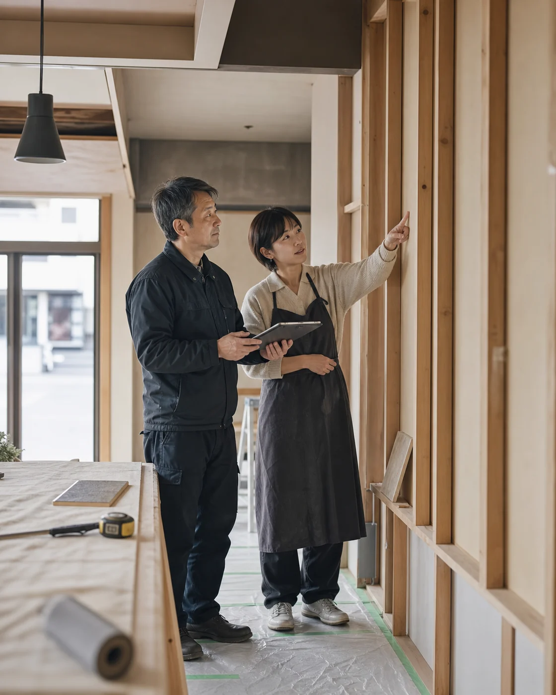 寝屋川市の建設会社が店舗改修の範囲を事業者と確認する様子