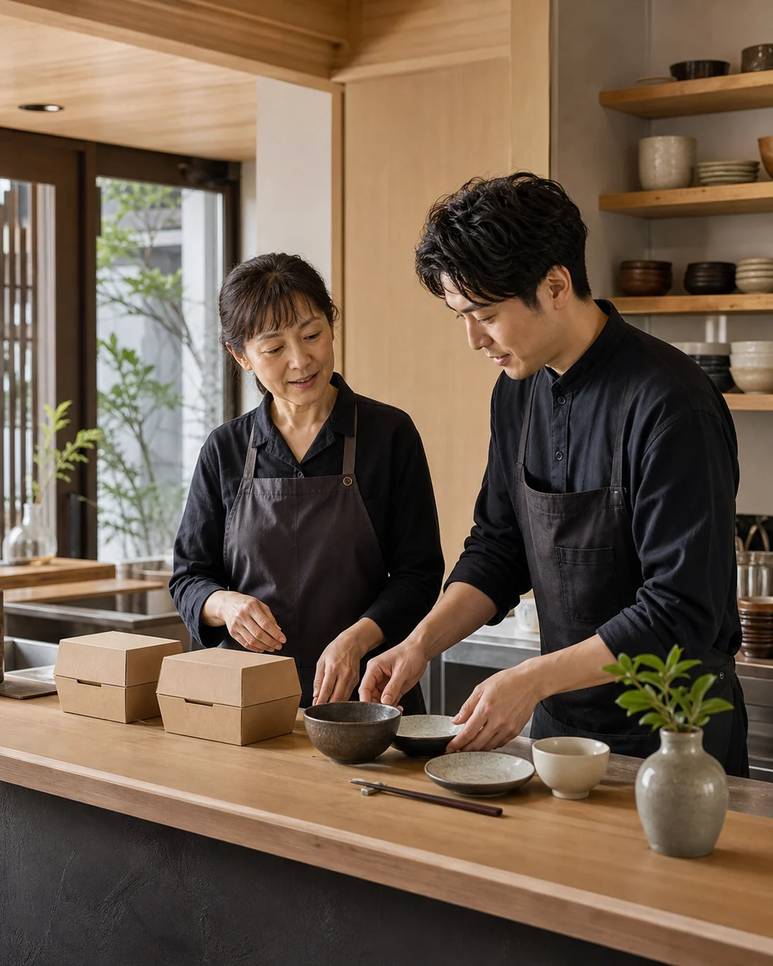 寝屋川市の飲食店が店内利用と持ち帰りの案内を整える様子