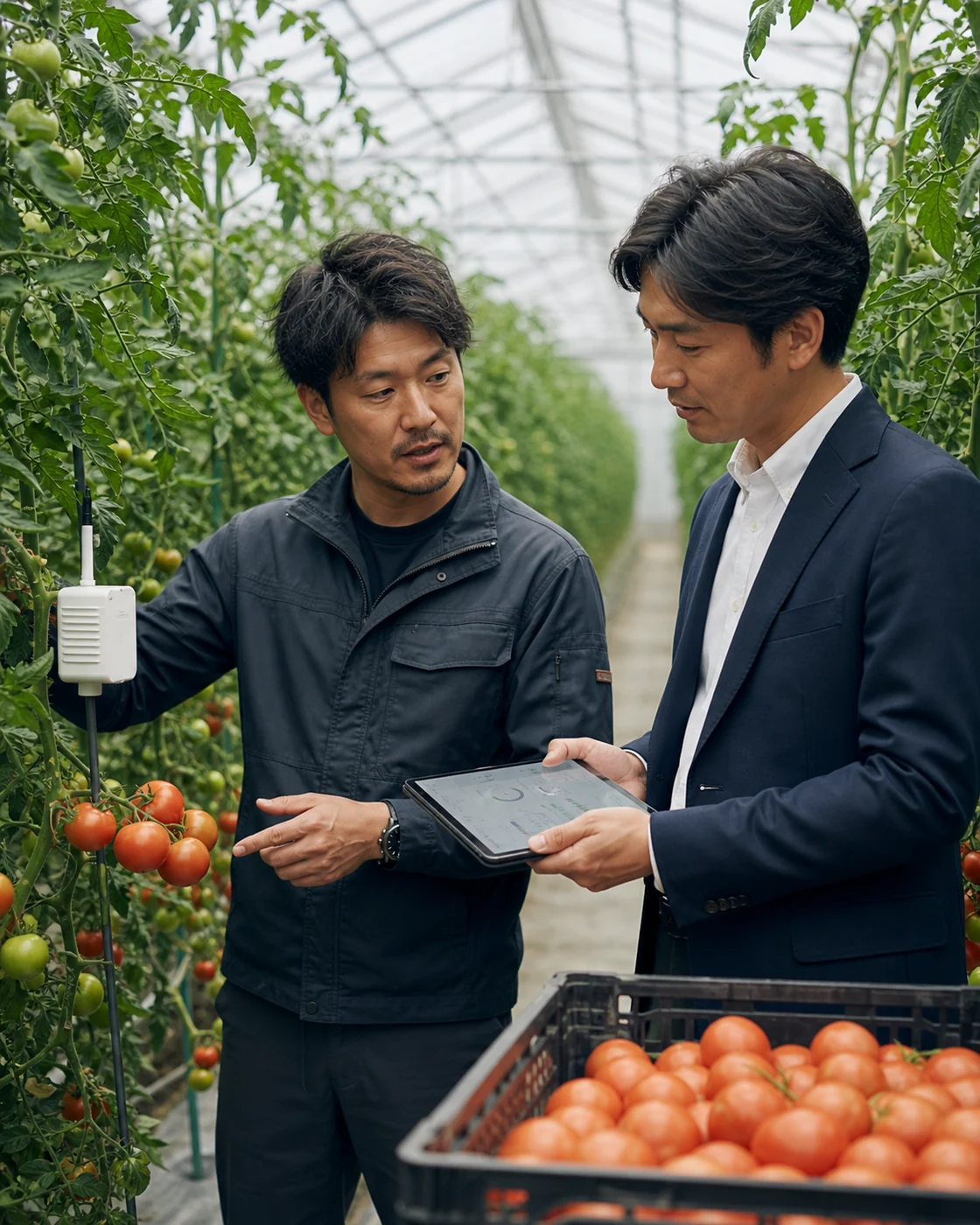 能勢町の環境制御型農業で生産者と仕入れ担当者がトマトの生育と出荷条件を確認する様子