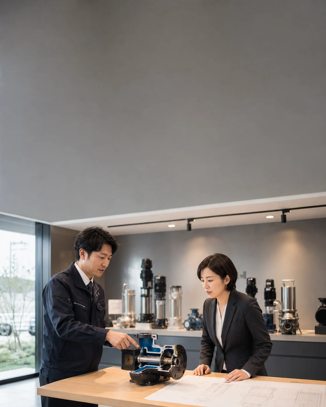 大阪市の法人商談で営業技術者と発注担当者が製品模型と仕様を確認する様子