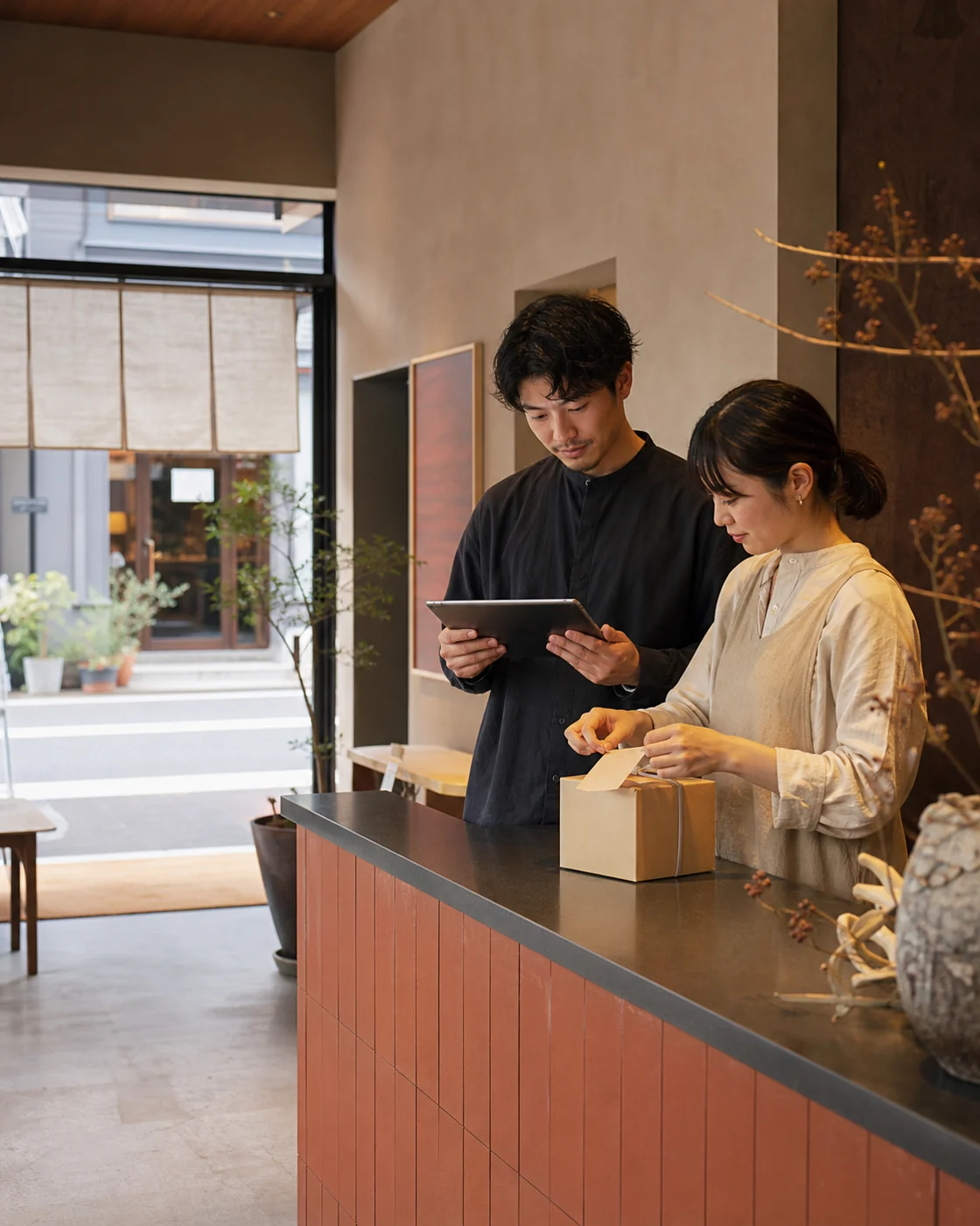 大阪市の店舗でスタッフが予約とオンライン注文の受け付け方法を確認する様子