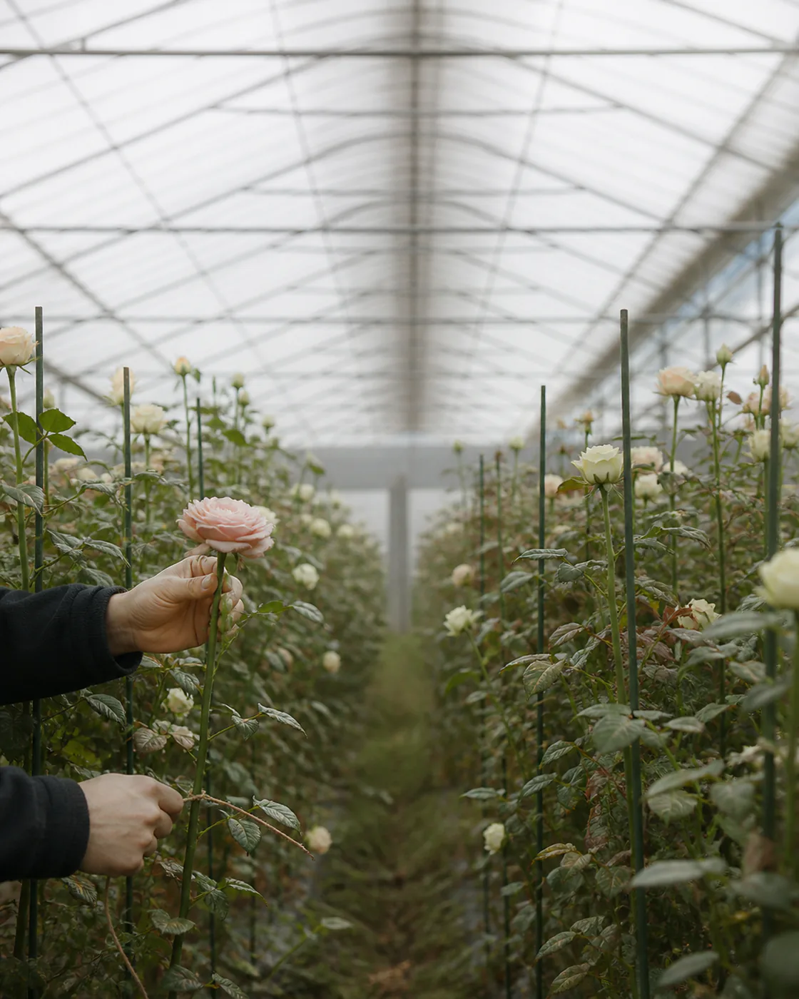 泉南市の温室で薔薇の生育を確認する生産者
