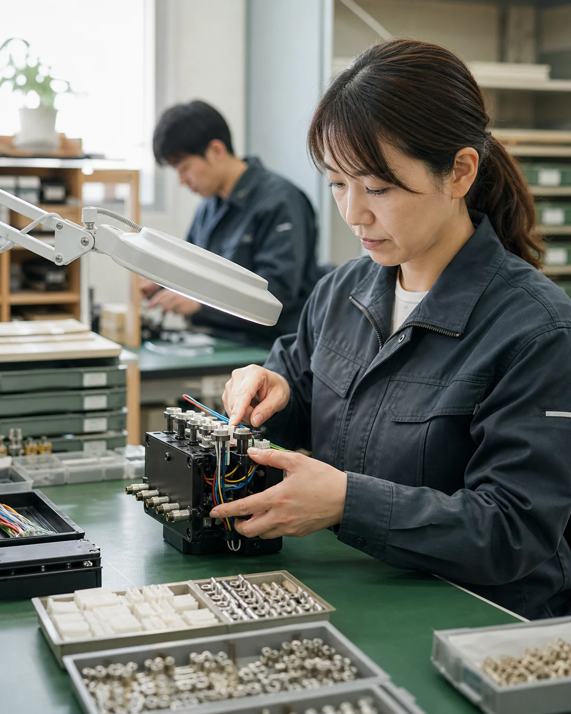 四條畷市の製造現場で小型部品の組立工程を確認する担当者