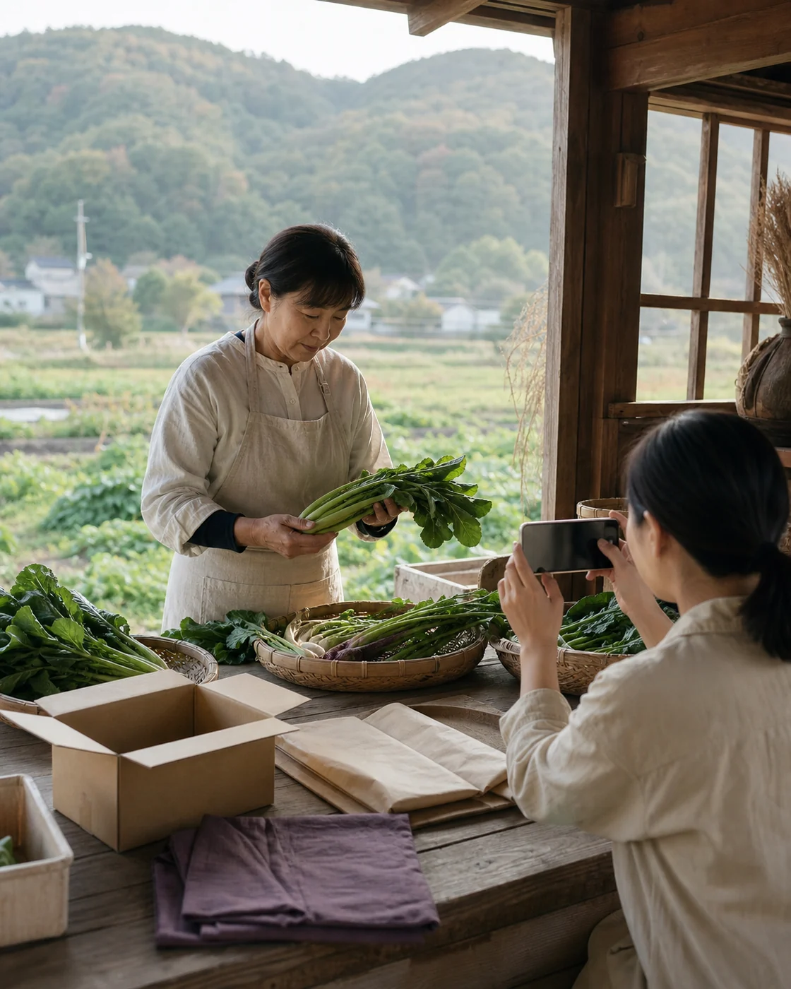 四條畷市の生産者が農産物の販売方法と見せ方を考える様子