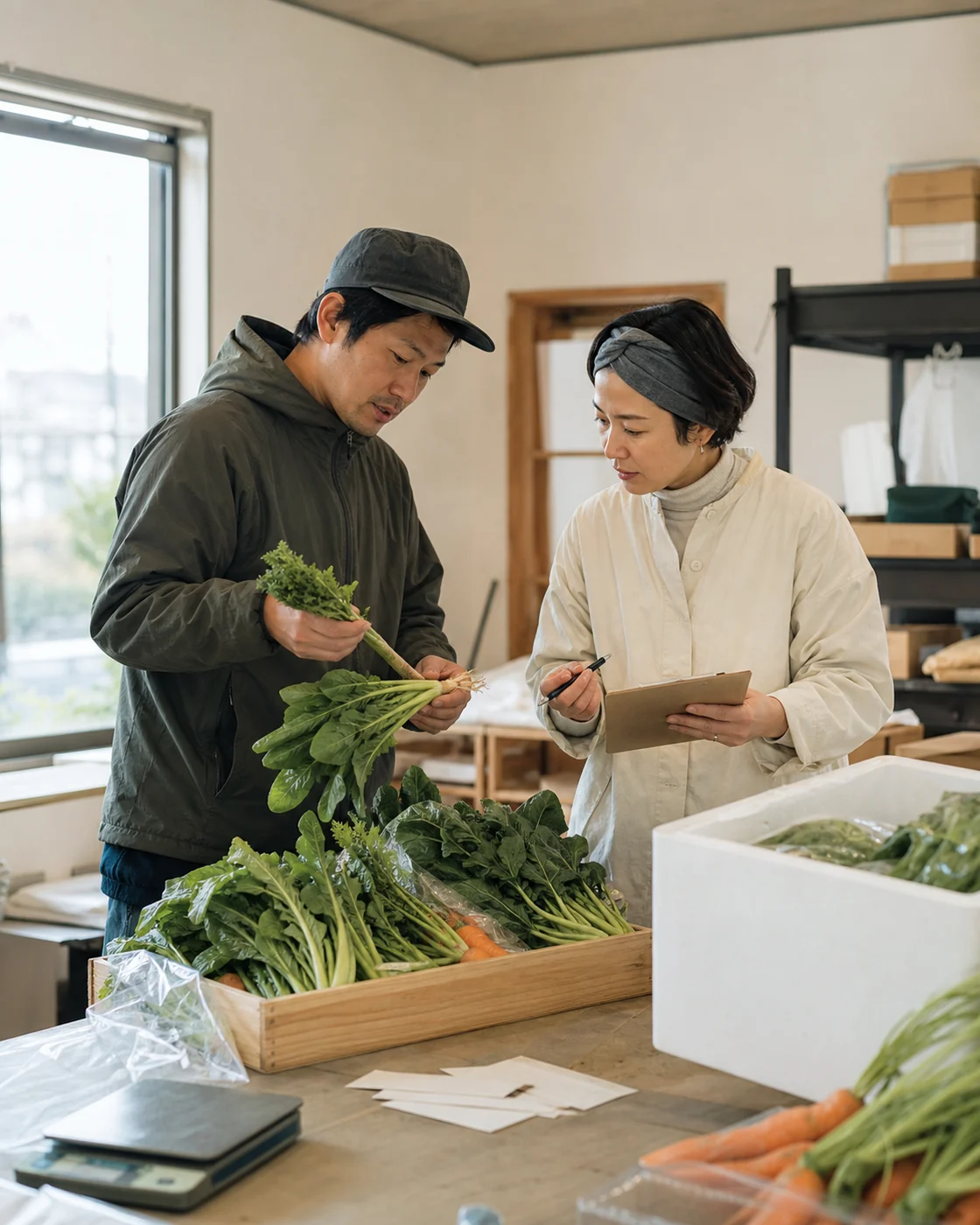 豊能町の農産物販売で生産者と加工担当者が野菜の品質と発送予定を確認する様子