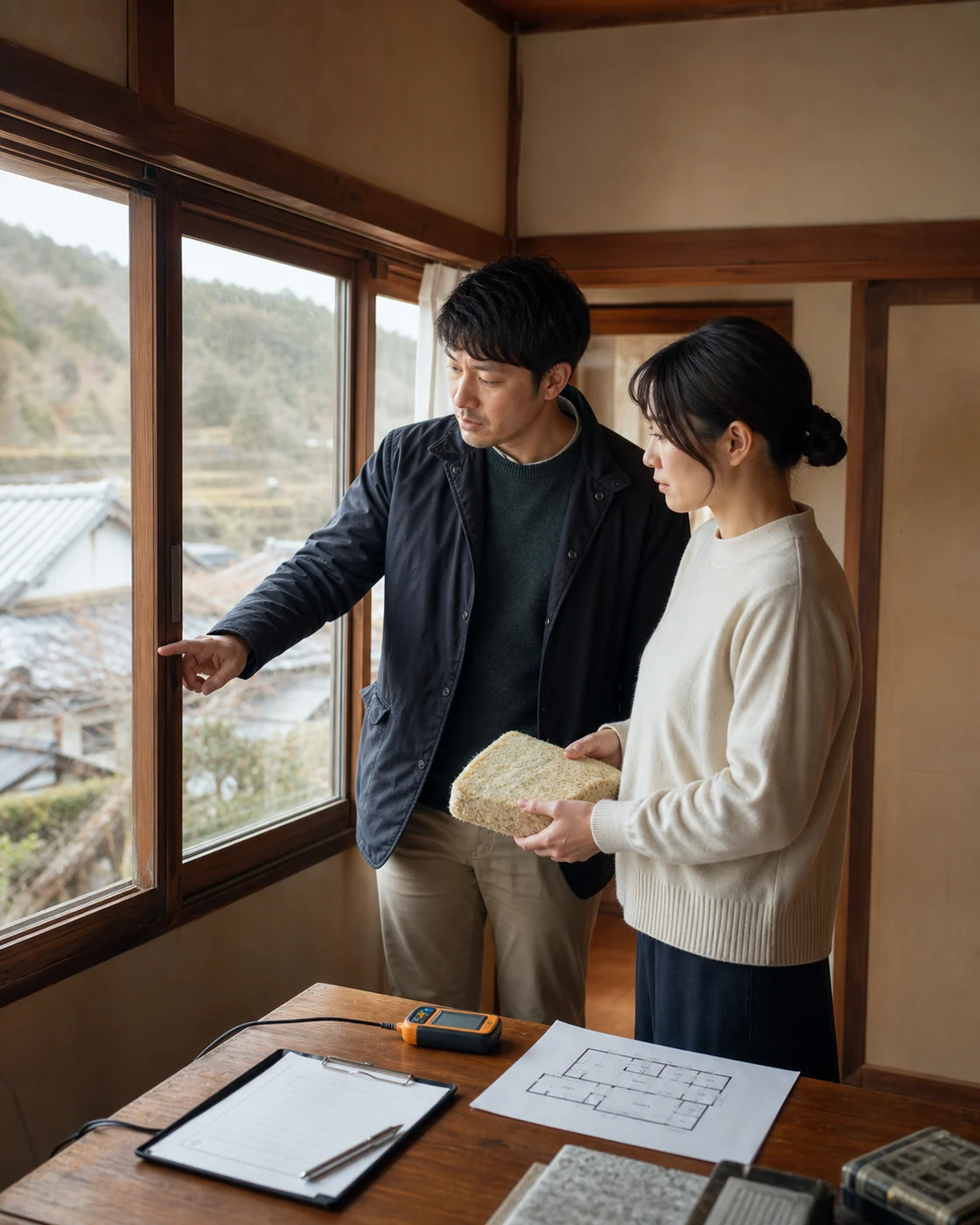 豊能町の空き家相談で住宅担当者と移住希望者が窓と改修範囲を確認する様子
