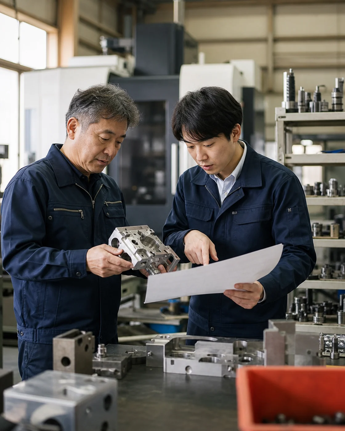 八尾市の製造現場で試作品と工程を確認する技術者