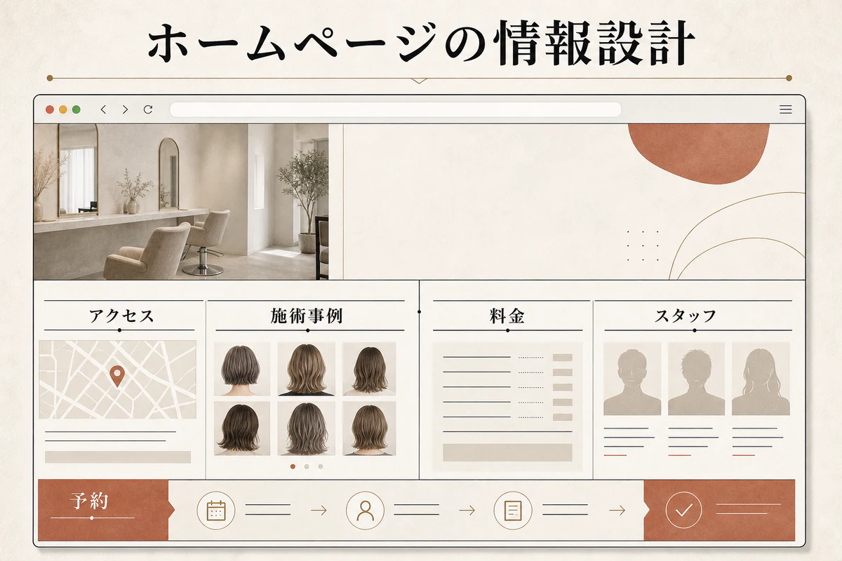美容室ホームページにアクセス、施術事例、料金、スタッフ、予約導線を配置したページ構成図