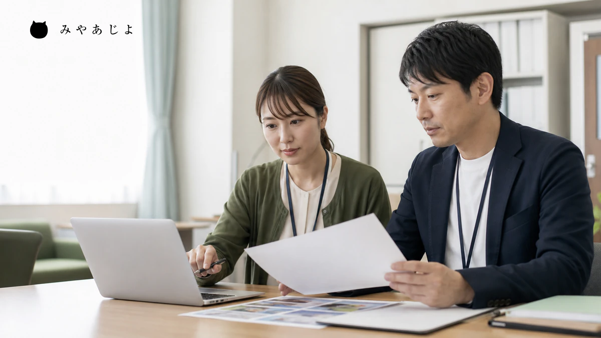 介護事業所の採用担当者と現場責任者が求人情報や写真の更新内容を確認するイメージ