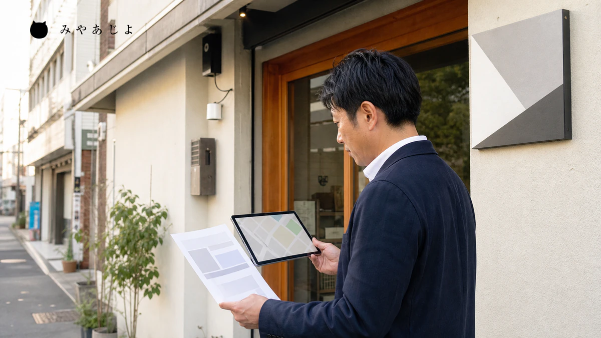 事業者担当者が看板と住所と営業時間の基準情報を地図と照合するイメージ