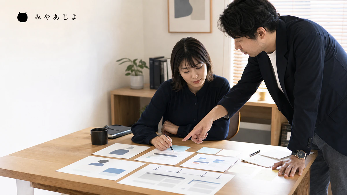 事業者の担当者が顧客・商圏・検索意図・対象ページを整理するイメージ